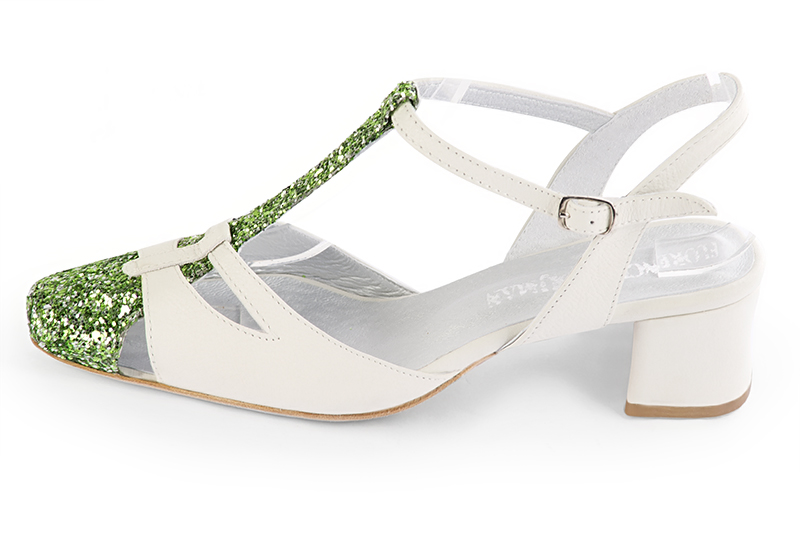 Mint green and off white women's open back T-strap shoes. Round toe. Low flare heels. Profile view - Florence KOOIJMAN